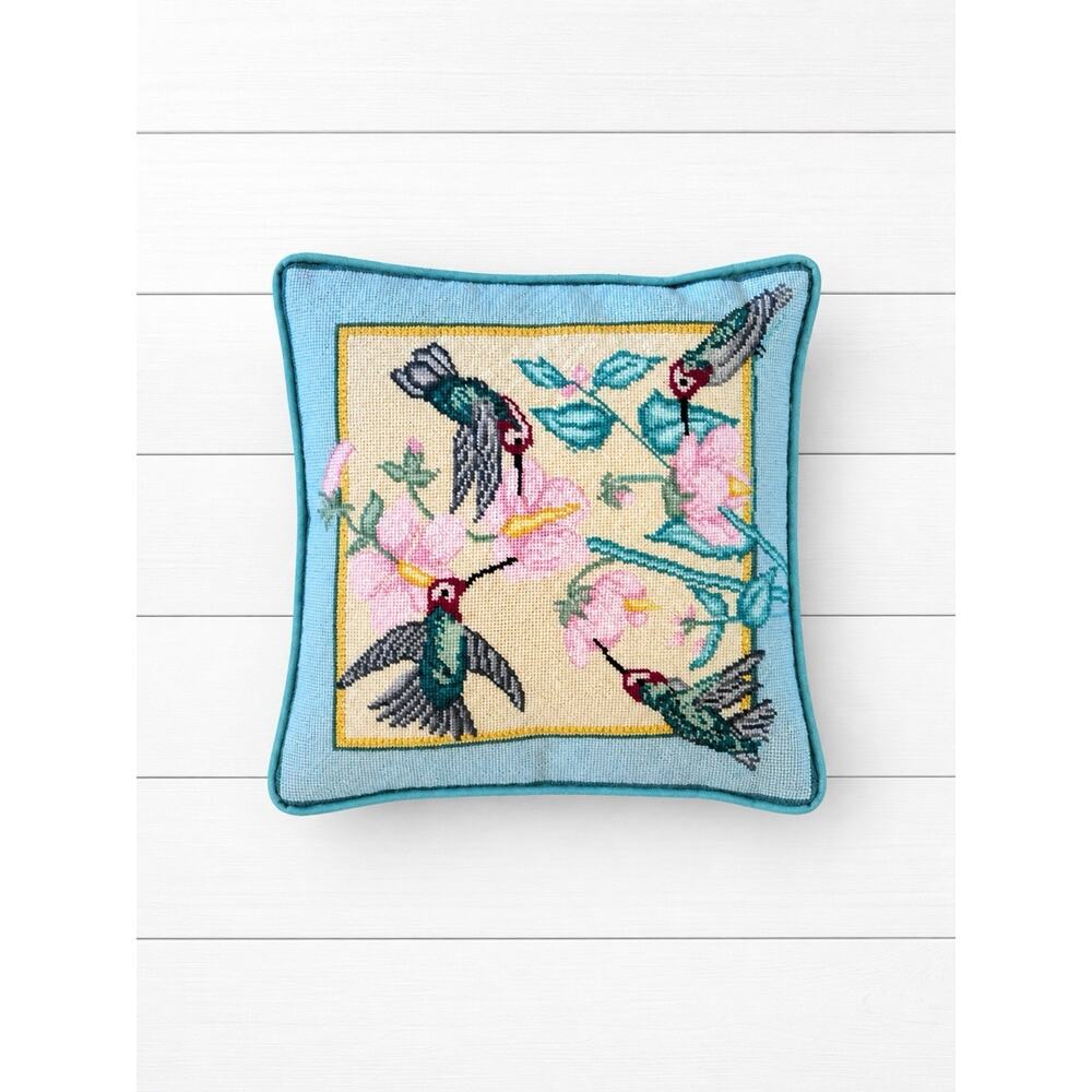 Vintage Needlepoint Hummingbird Pillow Floral Birds Accent Cushion Blue 10x10
